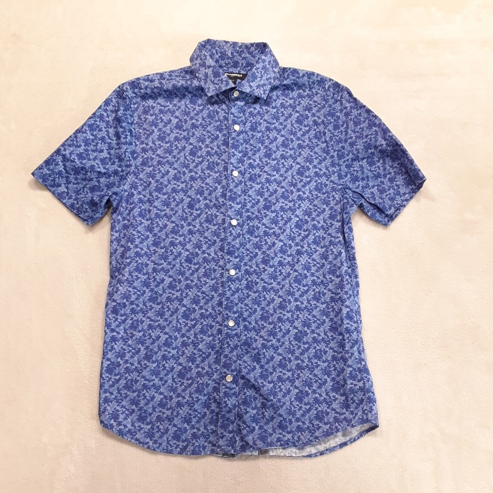 Karl Lagerfeld Mens SS Pearl Snap Button Shirt Small Blue Floral Camo Pattern